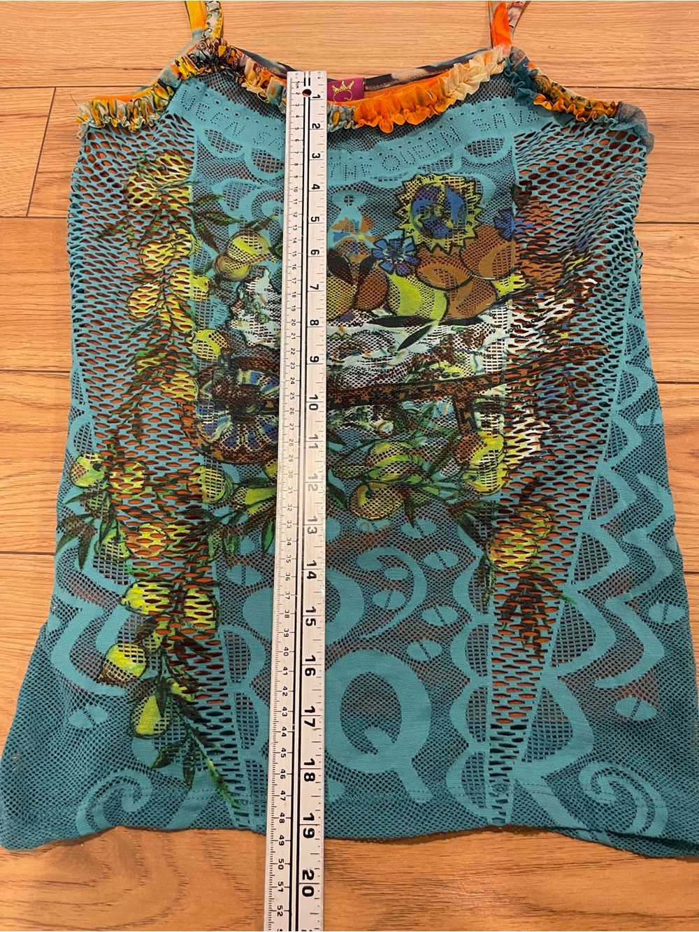 Save The Queen Y2K Turquoise Floral Mesh sleeveless Cami with Orange Trim medium - Picture 6 of 11